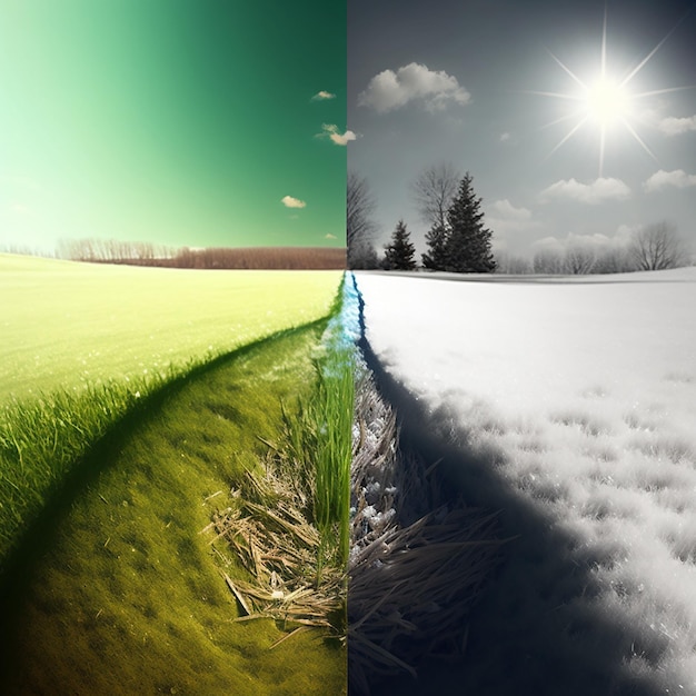 Photo winter and summer landscape on one frame half of frame is winter with snow other half is summer