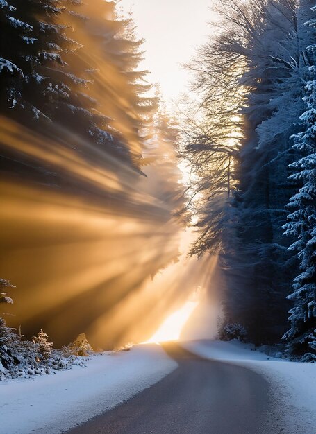 Фото Зимние солнечные лучи проходят сквозь деревья на лесной дороге на вечерней туманной дате