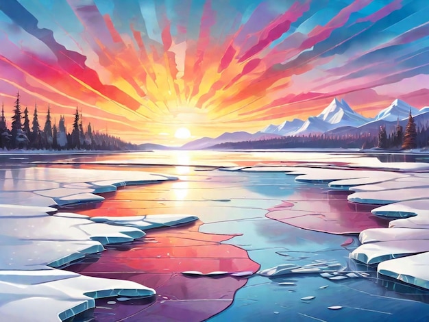 凍った湖の上の冬の日の出