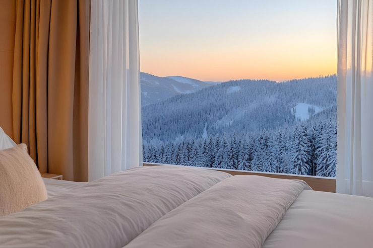 Photo winter sunrise mountain view from bed