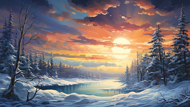 冬の日の出と川と雪に覆われた風景。