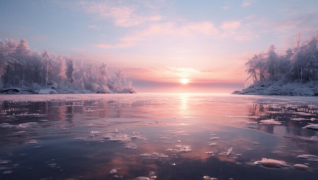 a winter sunset over a frozen lake with ice covered trees