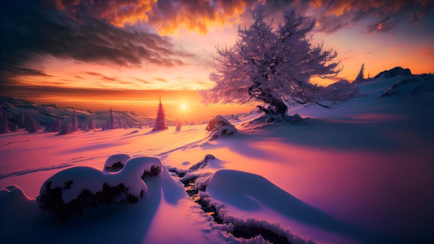 Winter sunset landscape with vivid colors snow trees and far mountains neural network generated art