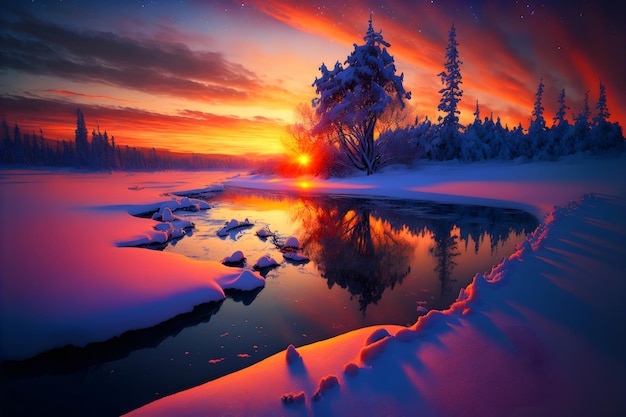 Winter sunset landscape with vivid colors snow trees and far mountains neural network generated art