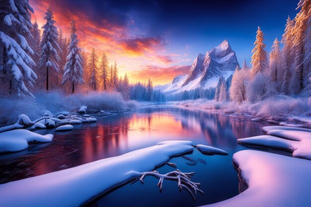 winter sunset in the mountains with snow created with generative AI software