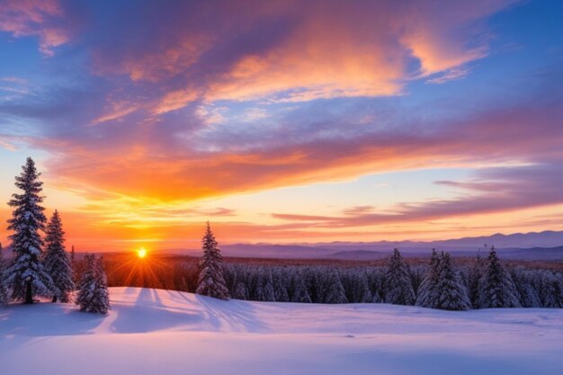 冬の夕日のパノラマ風景