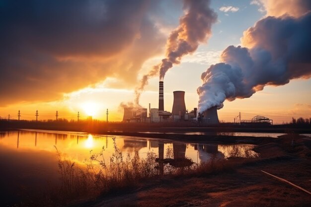 Winter sunset silhouette of power plant Smoke from burned coal pipes