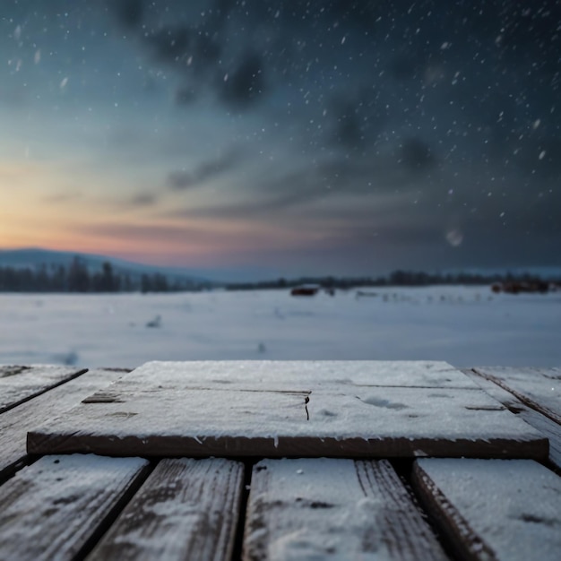 Winter Table Snowy Plank With Snowfall In The Cold Sky