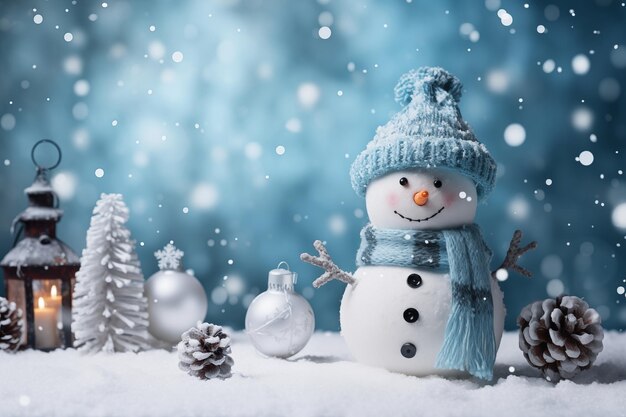 Photo winter theme background with snowman pine tree and snow flakes christmas new year winter season