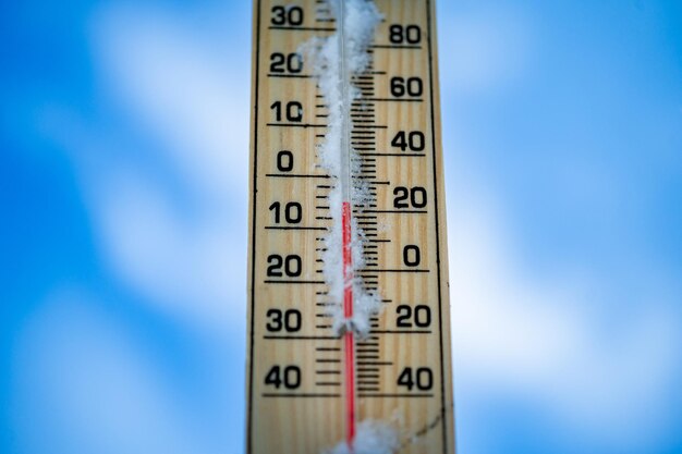 Winter time thermometer on snow shows low temperatures in\
celsius