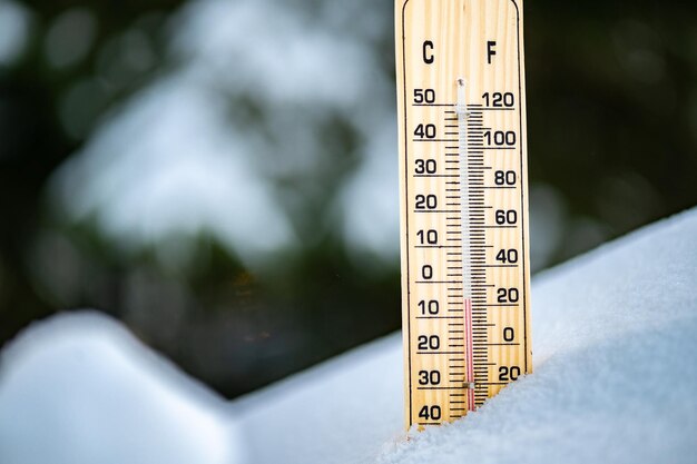 Winter time thermometer on snow shows low temperatures