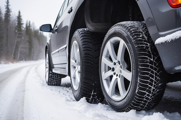 Winter tire Car on snow road Tires on snowy highway detail