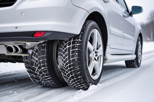 Winter tire Car on snow road Tires on snowy highway detail