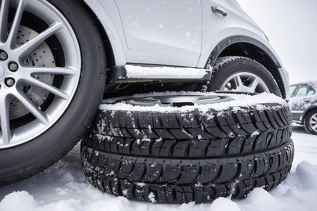 Winter tire Car on snow road Tires on snowy highway detail