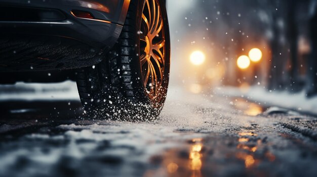 Winter tire Car on snow road Tires on snowy highway detail