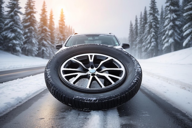 Winter tire Car on snow road Tires on snowy highway detail