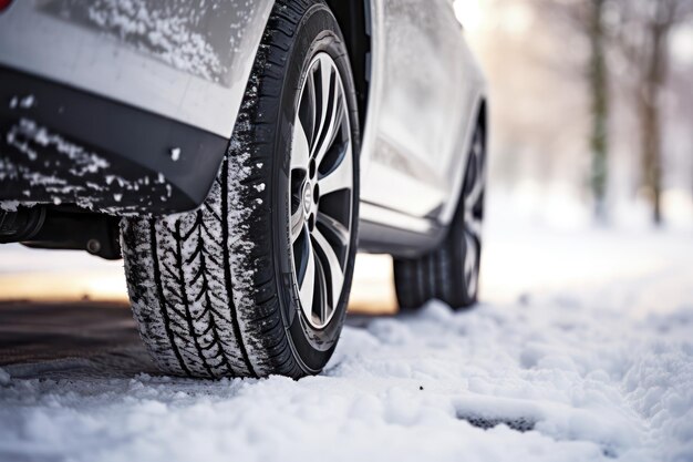 冬のタイヤ クローズアップ 雪に覆われた道路で冬の車のタイヤの詳細 冬の車で移動する