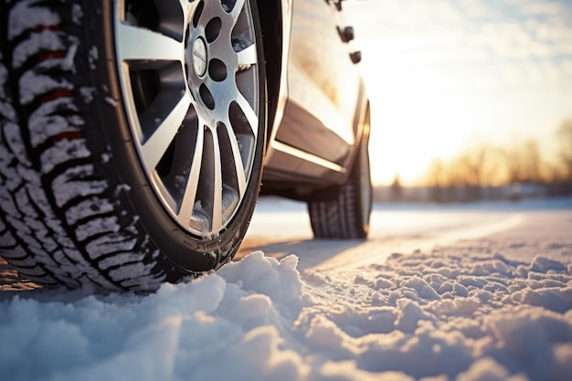 Winter tire Driving car on slippery snowy road at winter season