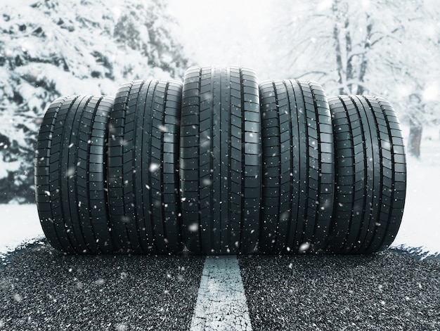 Photo winter tire in snow closeup, 3d rendering illustration