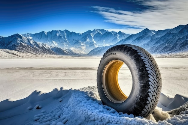 Winter tire with a view of snowy mountains and blue skies in the background