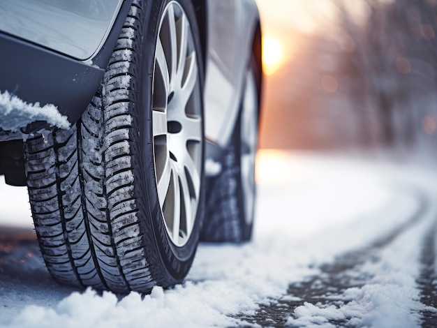 雪のクローズアップで道路の冬のタイヤ