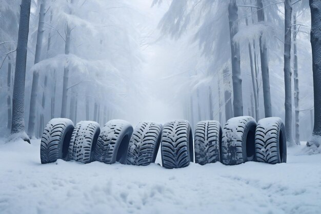 Foto pneumatici da inverno in una foresta innevata con spazio vuoto