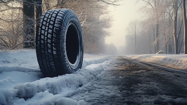 Winter tires on snowy road wide car tire banner for business created with Generative Al technology