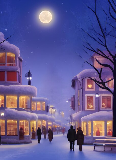 Winter town centre, christmas cozy atmosphere, new year\
postcard, snowfall