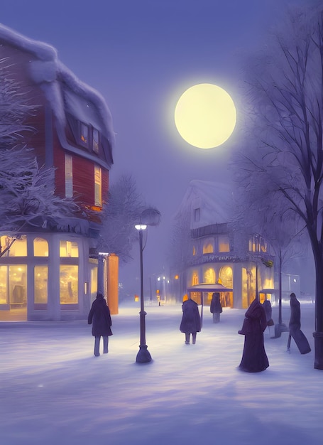Winter town centre, christmas cozy atmosphere, new year\
postcard, snowfall