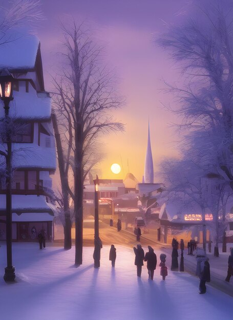 Winter town centre, christmas cozy atmosphere, new year\
postcard, snowfall