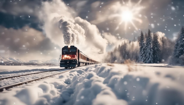 Winter train journey through snowy landscape