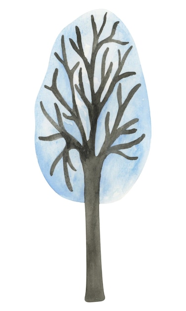 Winter tree in the snow Children's watercolor illustration on a white background