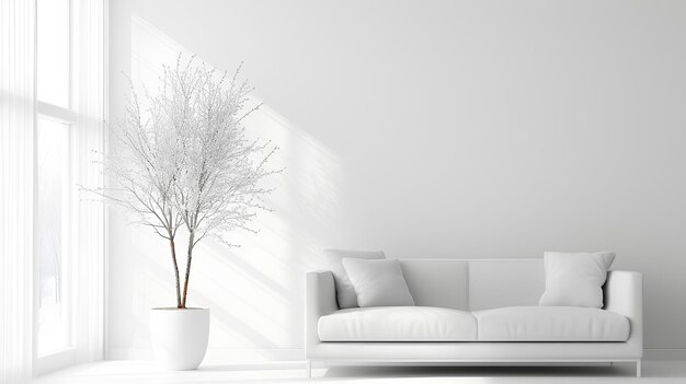 Photo winter tree snow field in snowy winter landscape around window 3d rendering illustration