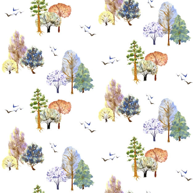 Winter trees pattern on a white background. Hand drawn watercolor illustration.