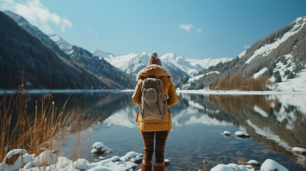 写真 冬の旅 アクティブな休憩 冬の湖を眺める女性旅行者の後ろの景色