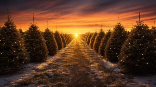 クリスマスツリープランテーションの上の冬の夕暮れ 黄金の光に輝く壮大な風景