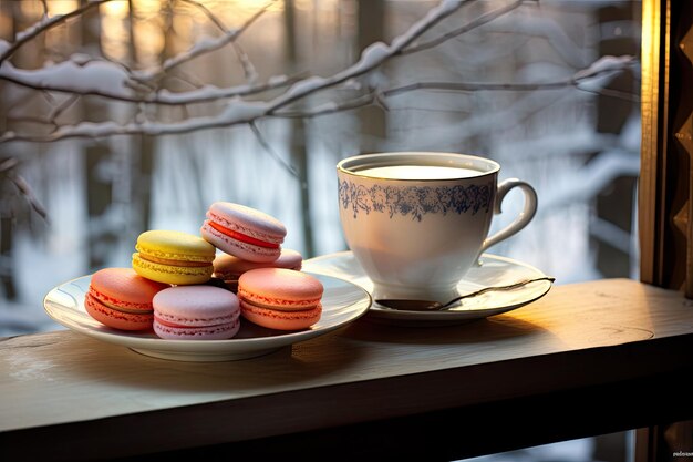 winter uitzicht op koffie en kleurrijke macarons zitten voor het raam Generatieve AI