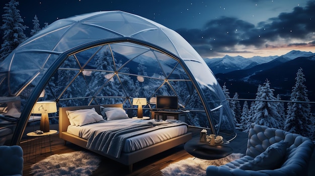 Winter vacation in glass igloo hotel with a great mountain view forest and stars Generative AI