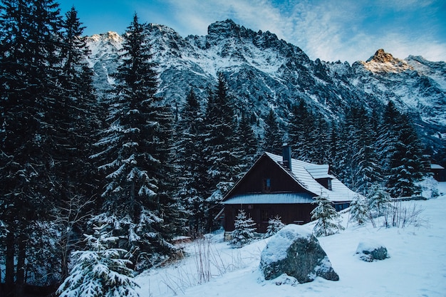 Winter vacation holiday wooden house in the mountains covered with snow and blue sky.