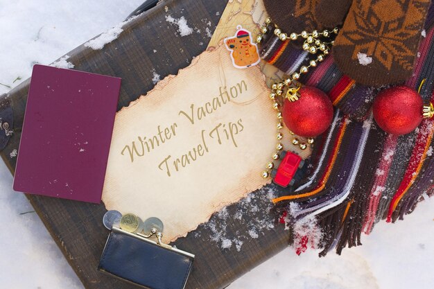 Photo winter vacation travel tips. background