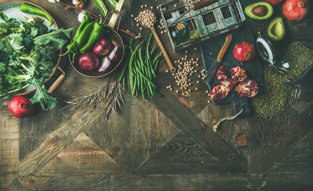 winter vegetarian or vegan food cooking ingredients copy space