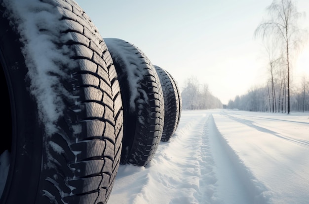 Winter vehicle tires on the frosty road Rubbery wheels for safe wintertime driving Generate ai