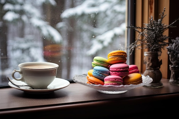 зимний вид на кофе и красочные макароны сидят перед окном генеративный ИИ
