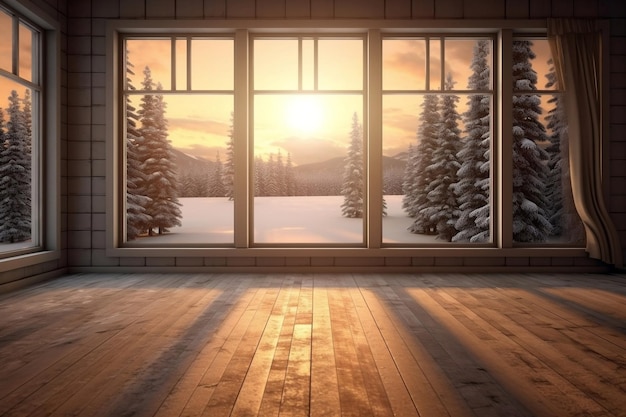 Winter View of an Empty Room with Wooden Floor and Window Framing Snowy Fir Trees AI