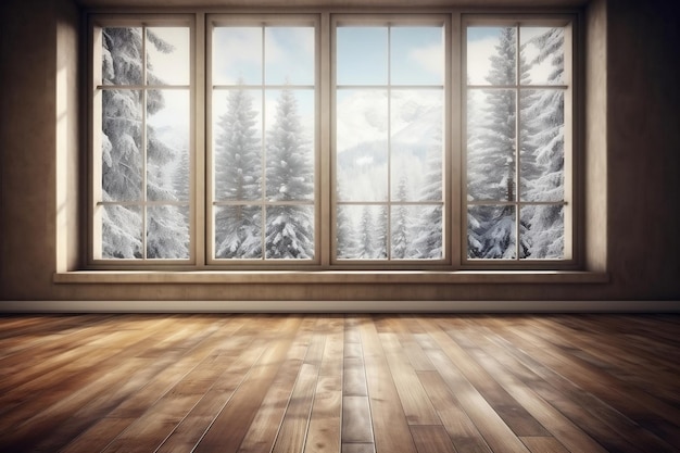 Winter View of an Empty Room with Wooden Floor and Window Framing Snowy Fir Trees AI