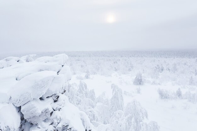 岩だらけの山の尾根から凍るような霞の雪に覆われた丘までの冬の景色