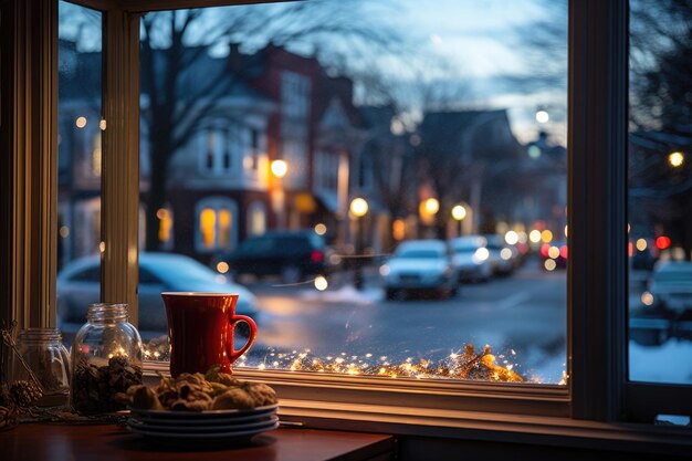 Winter view from the window with decoration of a cosy house on a snowcovered street city landscape