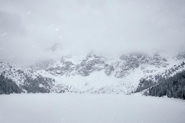 Winter view of Morskie Oko Zakopane Poland during severe snowfall