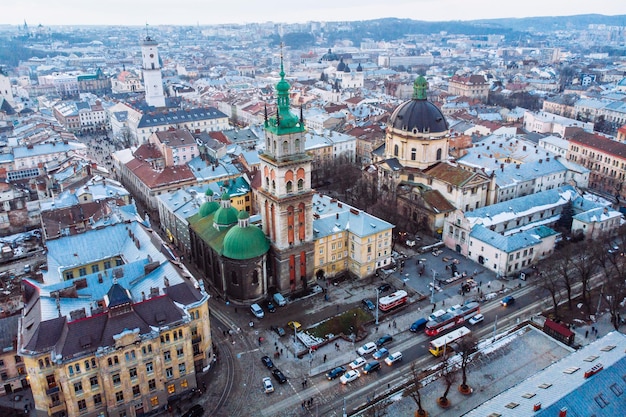 Winter view of old church birds eye view