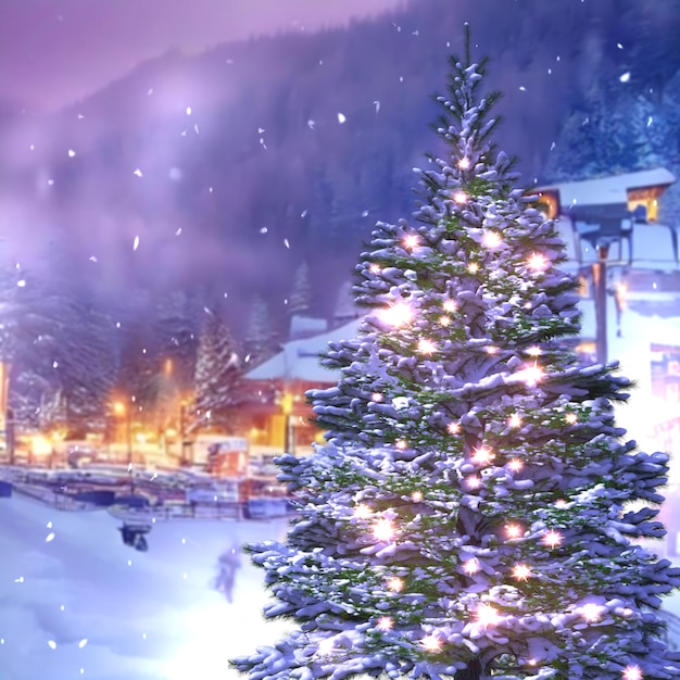 Winter village evening light Christmas pine trees covered by snow  and snow man nature landscape